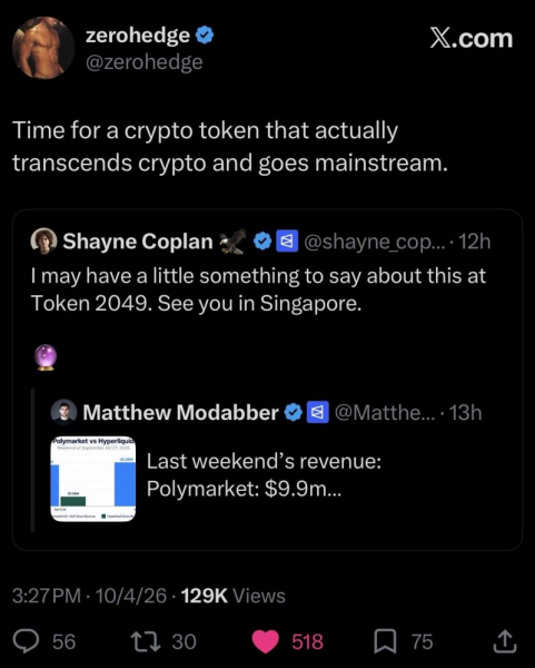 Шейн Коплан намекнул на долгожданный выпуск токена Polymarket POLY